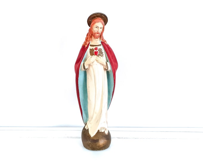 Antique handpainted religious statue Jesus Christ Sacred Heart by Guelfi • decorative ornament • figure statue • catholic church