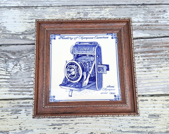 Rare Delft blue tile Semi Olympus camera • wall tile framed • History of Olympus cameras collector's item • Dutch wall decor