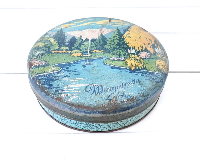 Vintage round cookie tin Marguirette Litcho • biscuit tin with landscape • old tin boxes • industrial home decoration • round tin canister