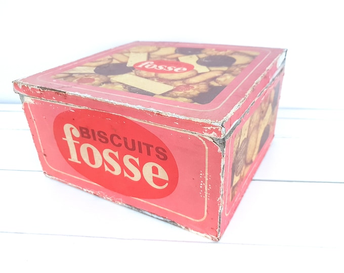 Vintage French cookie tin with paper wrap biscuits Fosse • old cookie tin • french country farmhouse decor • tin boxes
