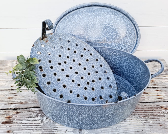 Beautiful oval enamel fish pan with trivet • vintage gray cloudy enamel pan • farmhouse kitchen decoration (check complete description)