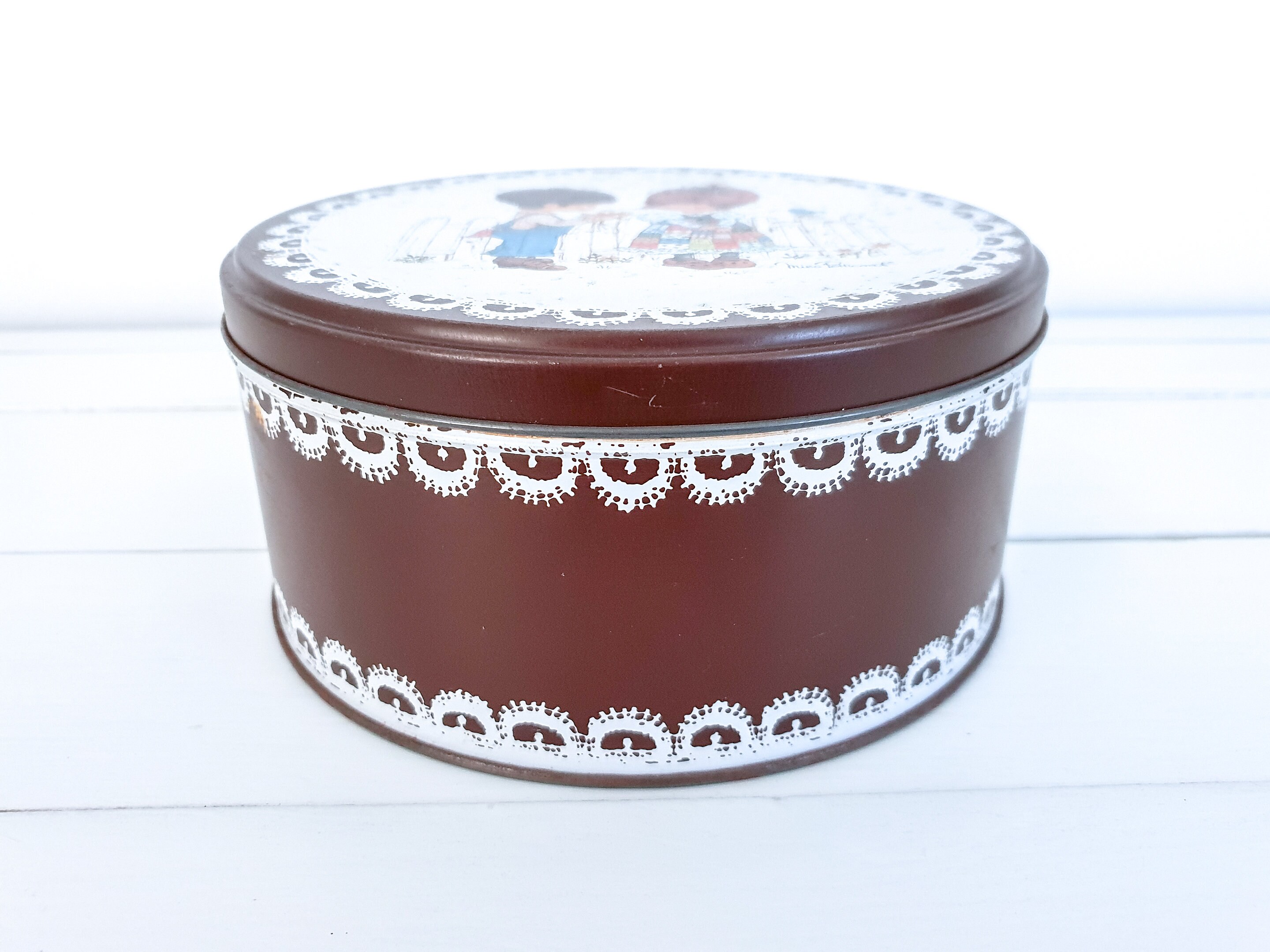 Vintage cookie tin Miss Petticoat • brown round tin can • vintage brown