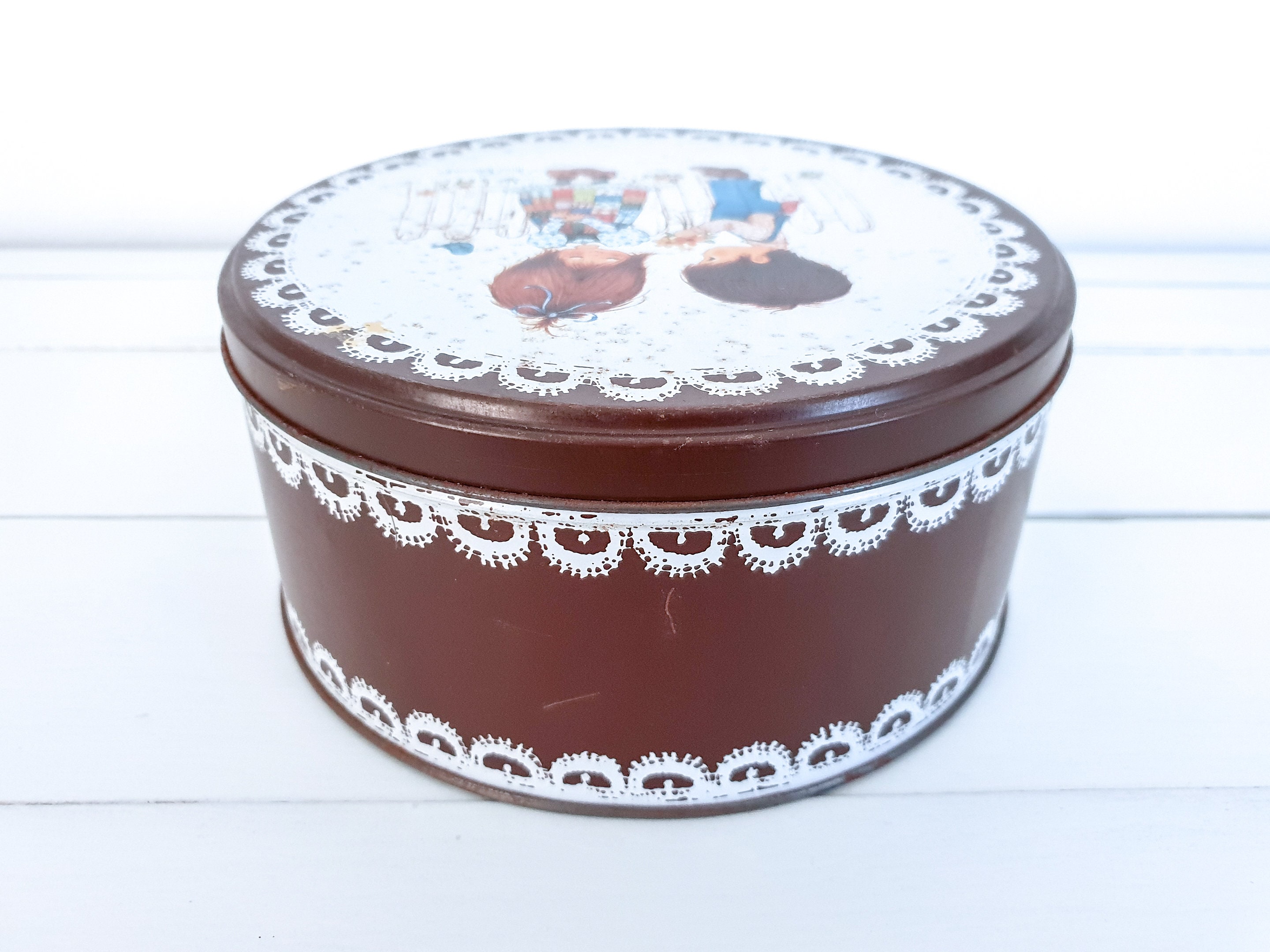Vintage cookie tin Miss Petticoat • brown round tin can • vintage brown