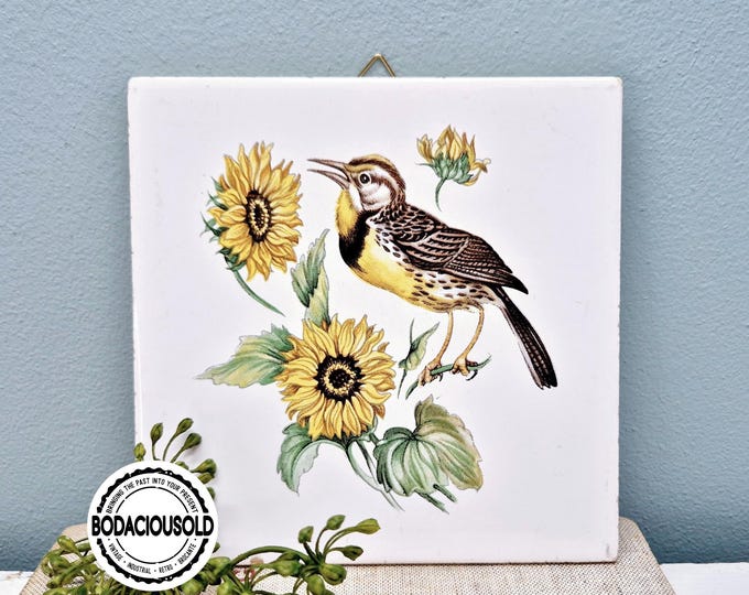 Vintage Ceramic Wall Tile with Eastern Meadowlark Bird and Sunflowers | Decorative Hanging Tile | Retro Botanical Wall Art