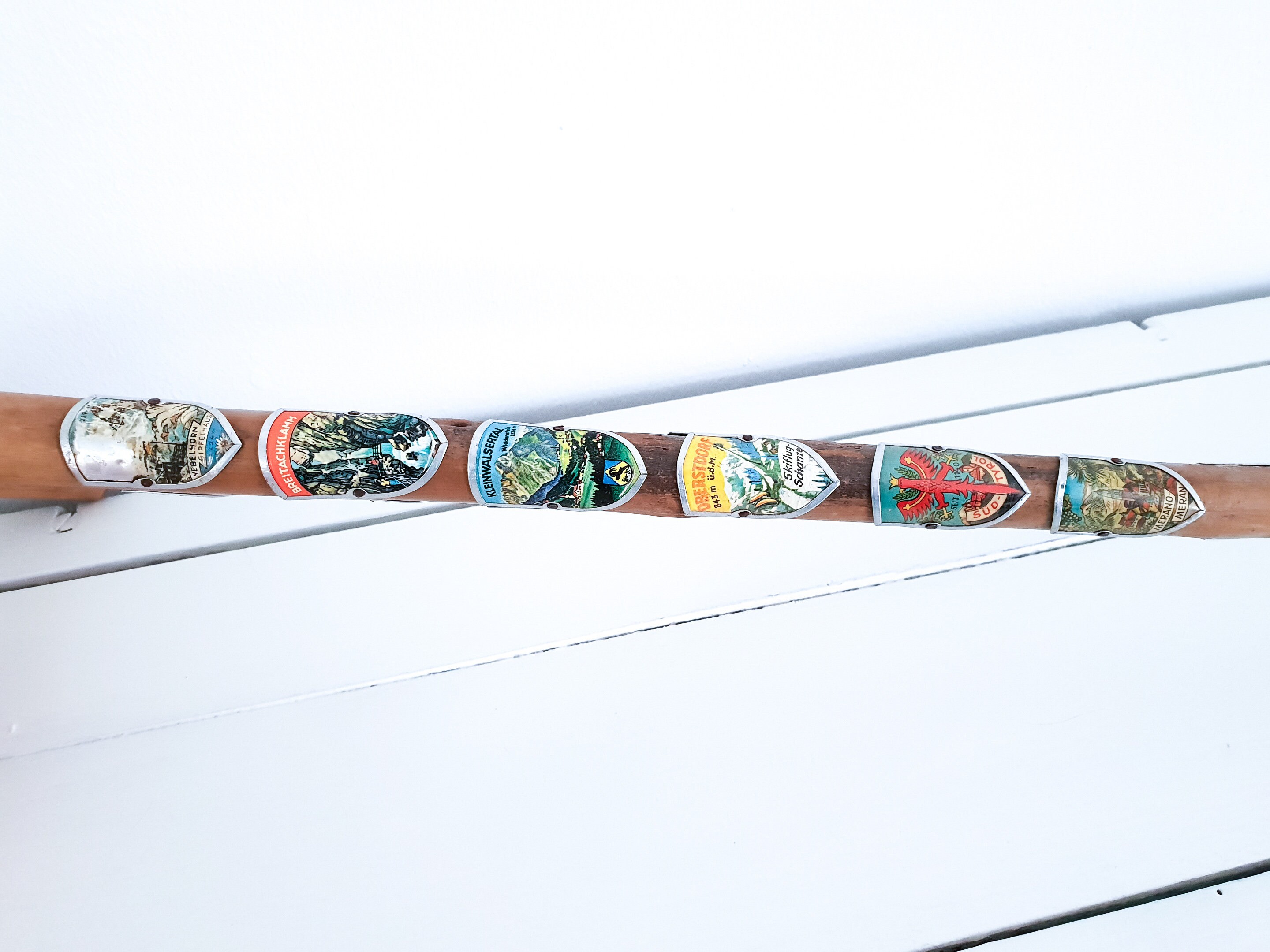 Old Wooden Cane With Metal Shields Vintage Mountain Walking