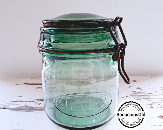 Vintage French Solidex Green Glass Jar - Vintage Kitchen Collectible Storage Container