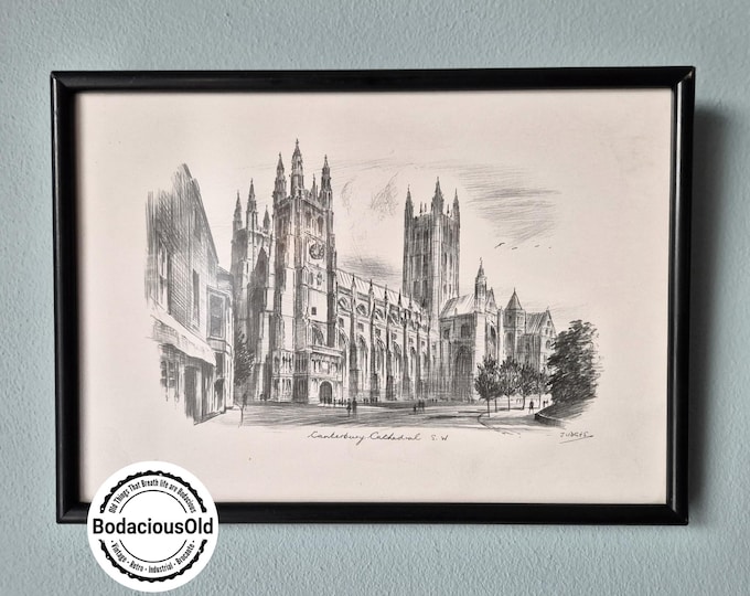 Vintage Canterbury Cathedral pen drawing in original vintage frame - Published by Judges Ltd. England