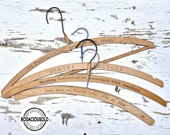 Set of 4 vintage wooden coat hangers with advertising | Antique store hangers | Retro wardrobe hooks 1950s
