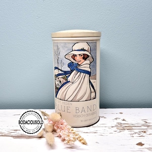 Vintage Blue Band Keksdose Illustration von Rie Cramer | Vorratsdose aus Blech mit holländischem Zwieback-Rezept