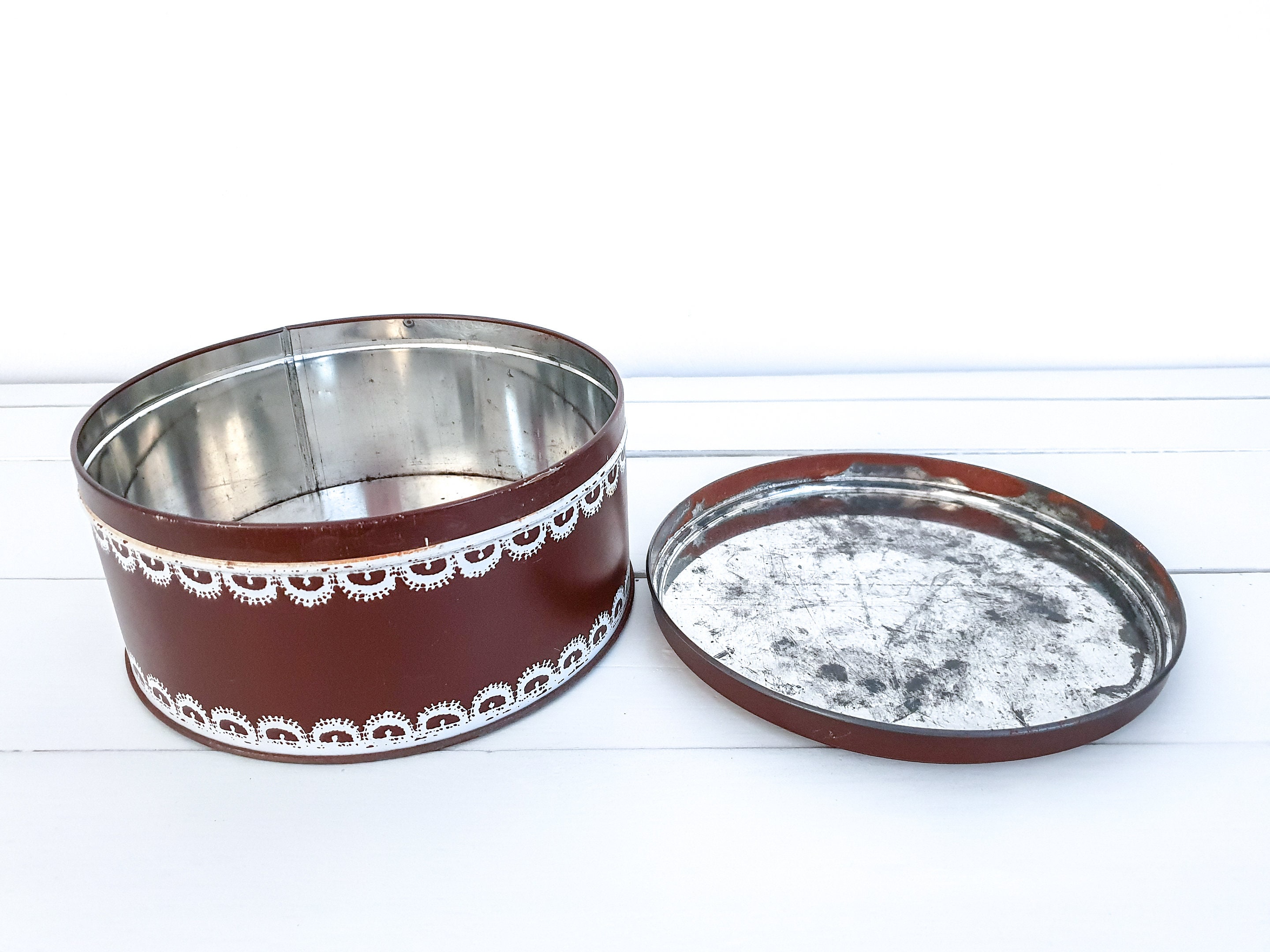 Vintage cookie tin Miss Petticoat • brown round tin can • vintage brown