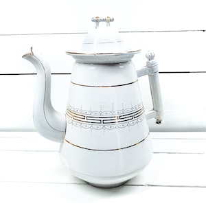 Unique antique French white and gold enamel coffee pot • vintage white shabby chic enamelware • coffee pot • shabby chique decoration