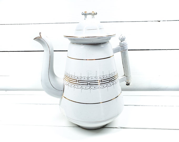Unique antique French white and gold enamel coffee pot • vintage white shabby chic enamelware • coffee pot • shabby chique decoration