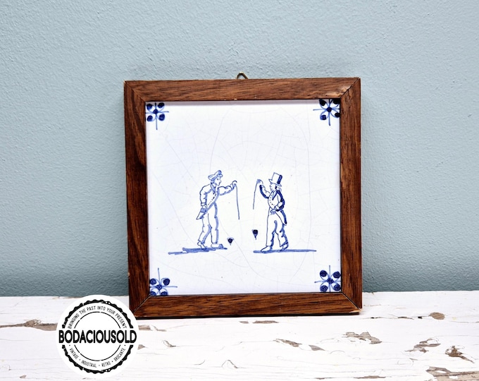 Vintage Hand-Painted Delft Blue Ceramic Tile with Children’s Game Scene | Framed Wall Art | Dutch Traditional Décor