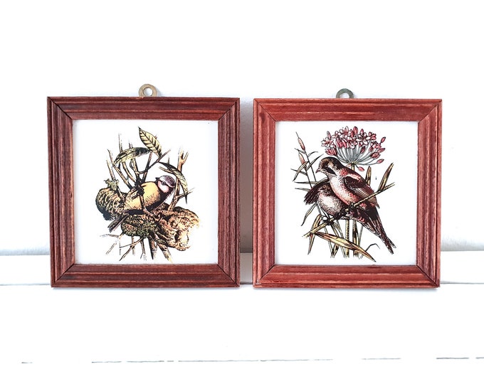 Vintage decorative tiles bird in wooden frame (set of 2) • wall hanging • home decor accents • eclectic rustic nature wall decoration