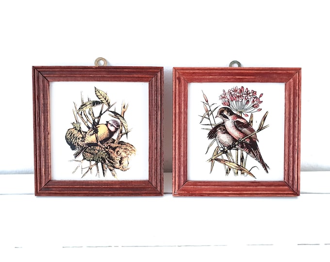 Vintage decorative tiles bird in wooden frame (set of 2) • wall hanging • home decor accents • eclectic rustic nature wall decoration