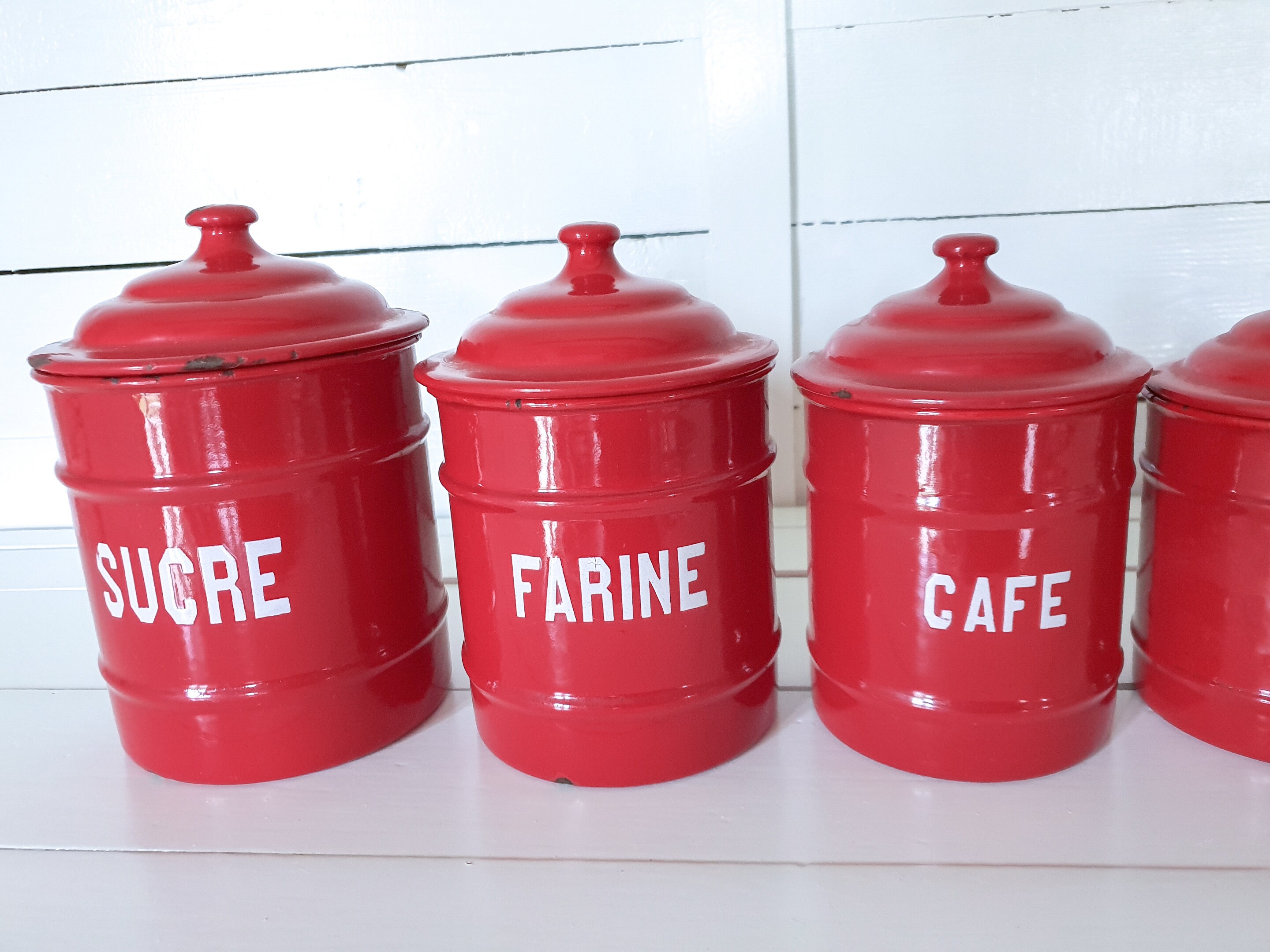 Unique vintage red enamel storage jars with lid • farmhouse enamel