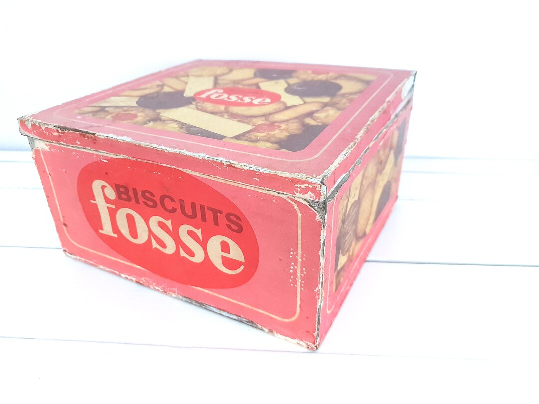Vintage French Cookie Tin With Paper Wrap Biscuits Fosse Old Cookie Tin