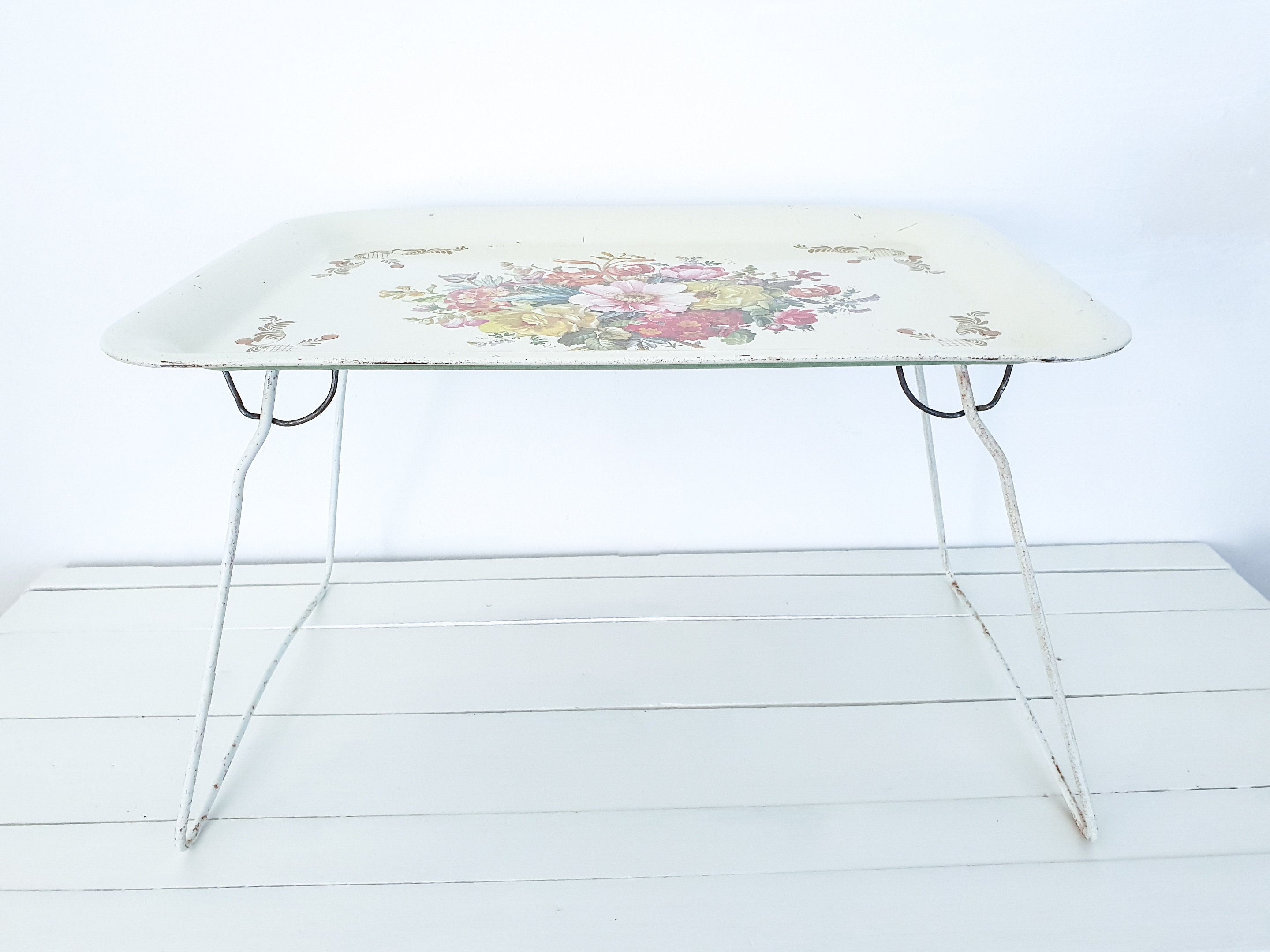 Vintage Foldable Metal Bed Tray Flowers Shabby Chic Lap Desk