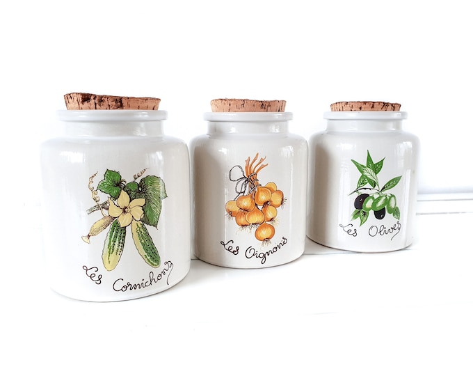 Vintage farmhouse French pottery storage jars pickles onions and olives cork cap (set of 3) • French kitchen jars • farmhouse cottage decor
