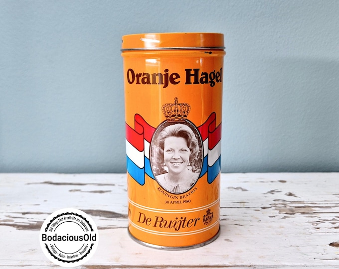 Iconic Dutch De Ruijter Orange Sprinkle Tin with Queen Juliana & Beatrix Portrait | Dutch Retro Collectible from the 1970s-1980s