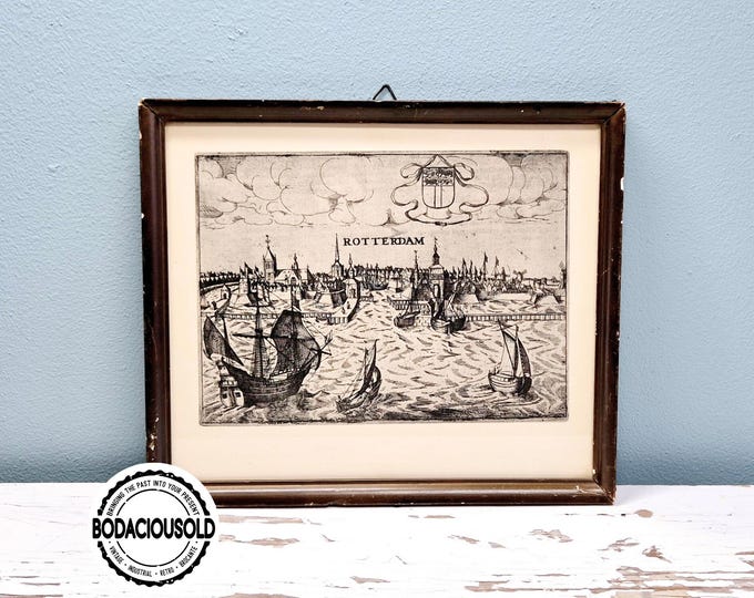 Vintage Etching of Rotterdam The Netherlands in Wooden Frame with Glass | Black & White Historical Cityscape | Dutch Maritime Wall Art