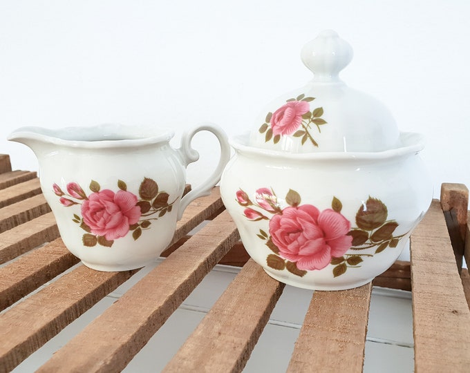 Porcelain sugar and creamer set with roses • Milk and sugar set Barock Bavaria porcelain • Seltmann Weiden Bavaria • antique tableware