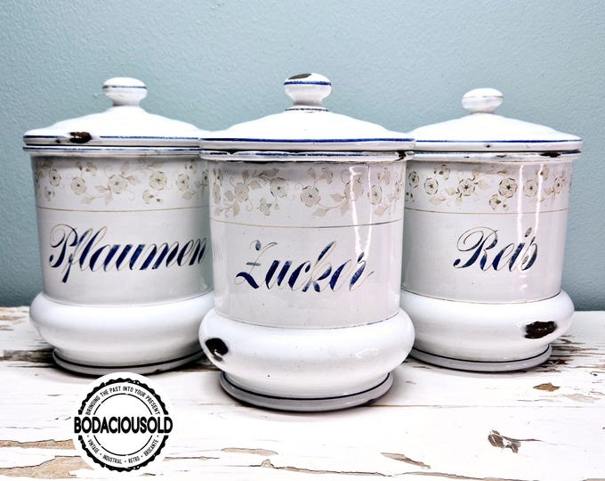 Vintage enamel storage jars set of 3 | German kitchen canisters White with blue details and floral pattern