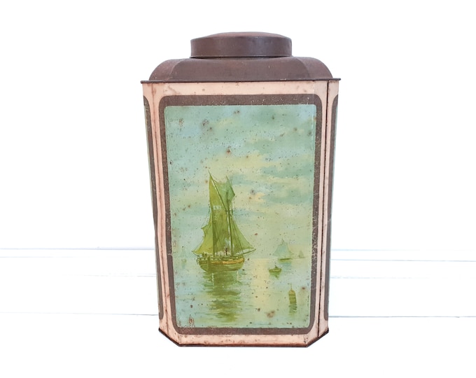 Vintage rusted store tin can sailboats  • industrial green storage tin • large antique general store tin • farmhouse rustic interioir decor