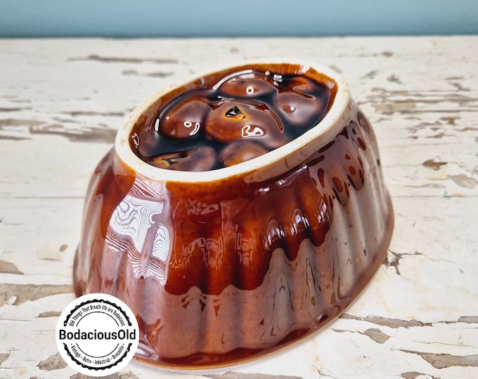 Vintage ceramic pudding mold, retro baking accessory in brown glaze