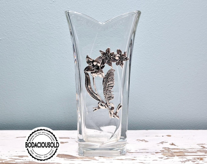 Glass vase with pewter floral décor | Handmade tin relief flowers | Heavy crystal-style vase | Elegant French vintage home decoration