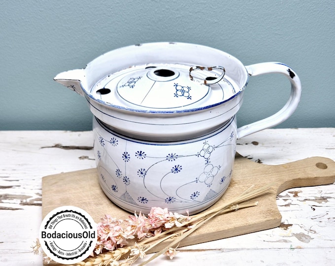 Vintage Saxon enamel milk pan with lid | Decorative white-blue enamel kitchenware for rustic and farmhouse decor