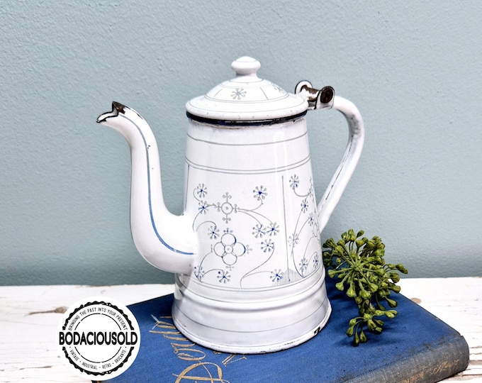 Small Vintage Saxon Blue Enamel Teapot with Floral Design | French Country Shabby Chic Brocante Collectible Pot
