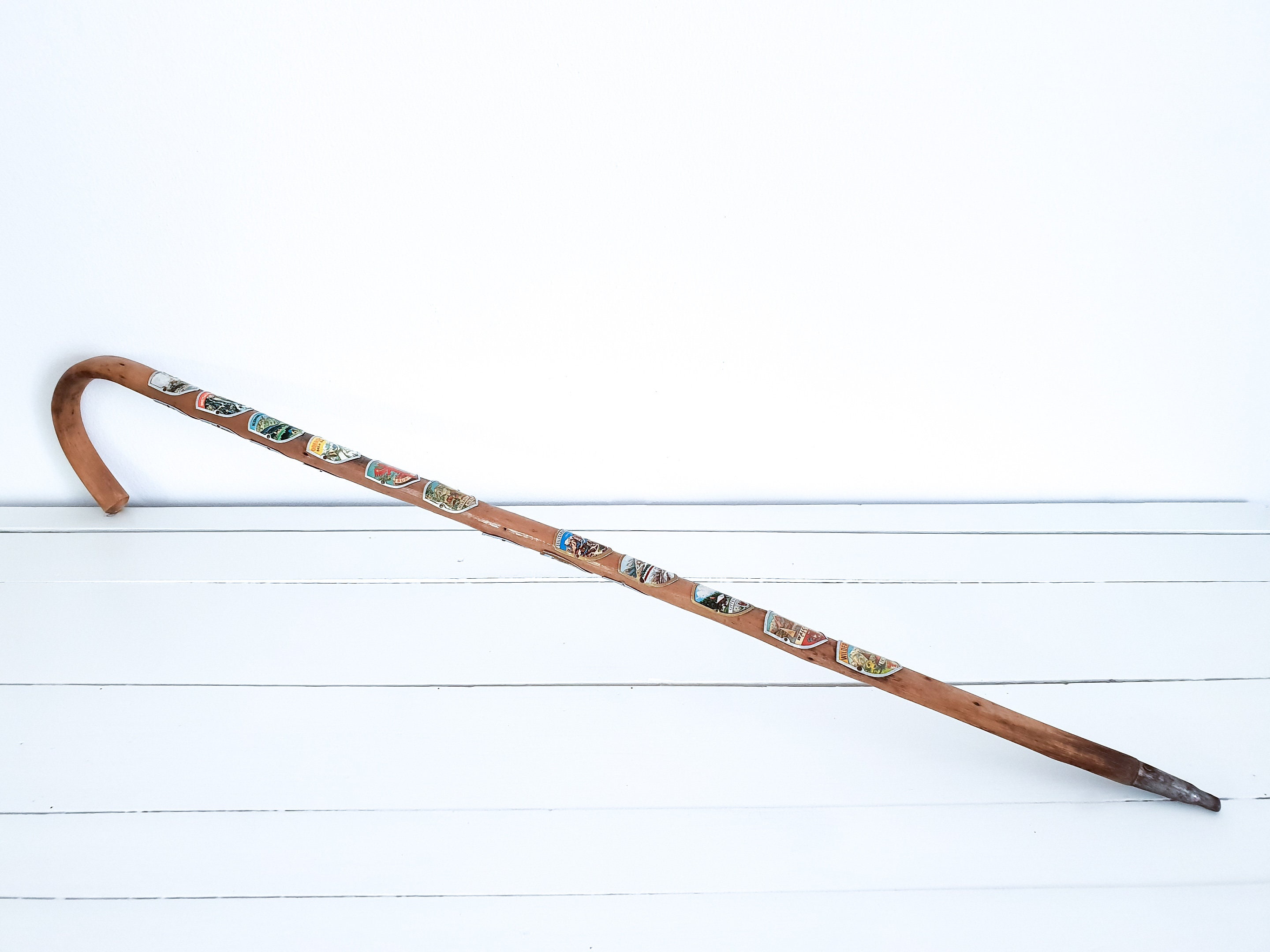 Old Wooden Cane With Metal Shields Vintage Mountain Walking
