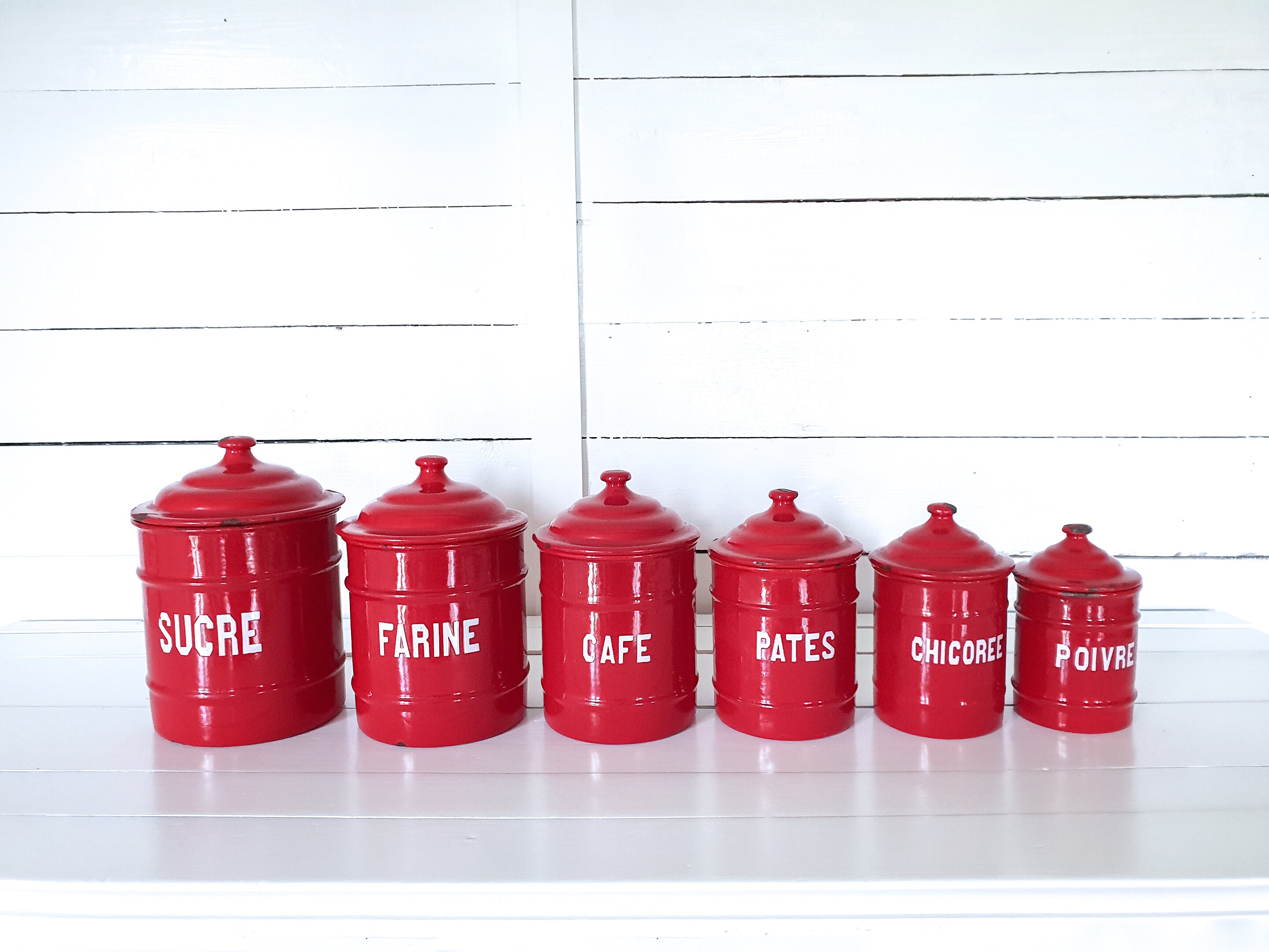 Unique vintage red enamel storage jars with lid • farmhouse enamel