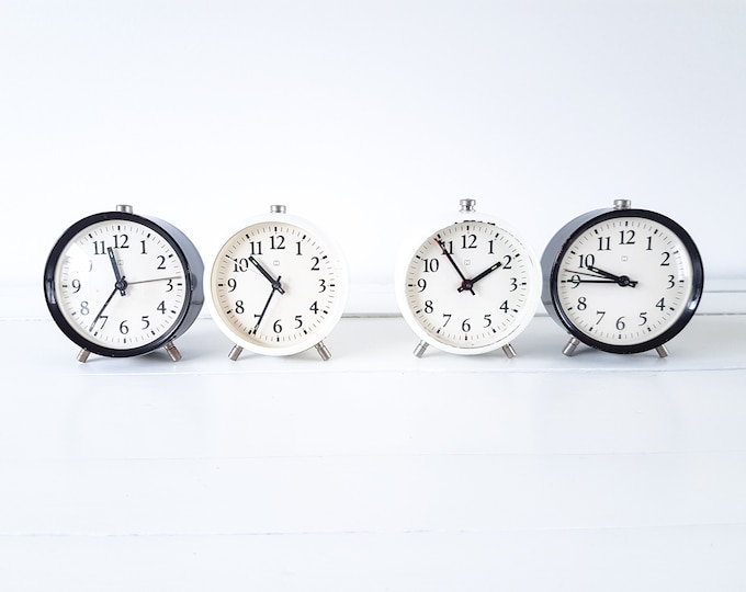 Vintage set alarm clocks black and white Hema • white farmhouse clocks • vintage lot decoration clocks