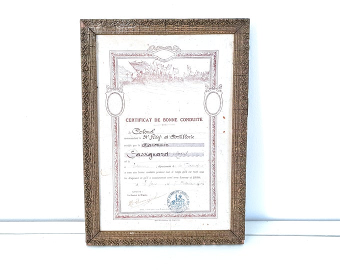 Old French army declaration of good conduct 1919 • old print in frame • 31st regiment d'artillerie • military historical