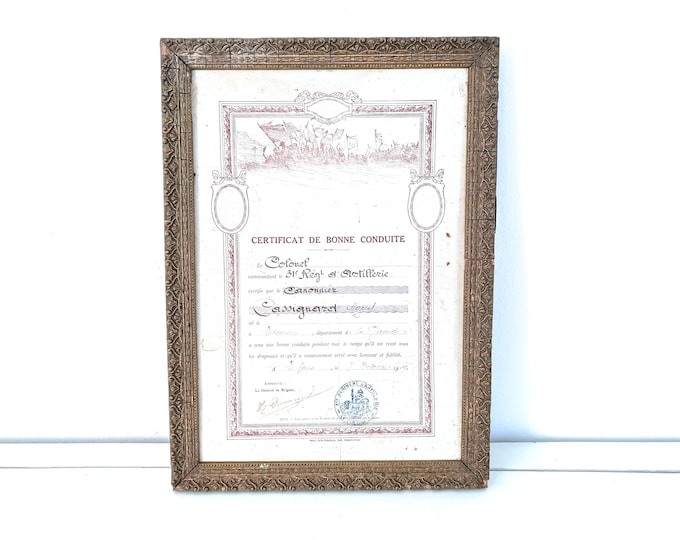 Old French army declaration of good conduct 1919 • old print in frame • 31st regiment d'artillerie • military historical