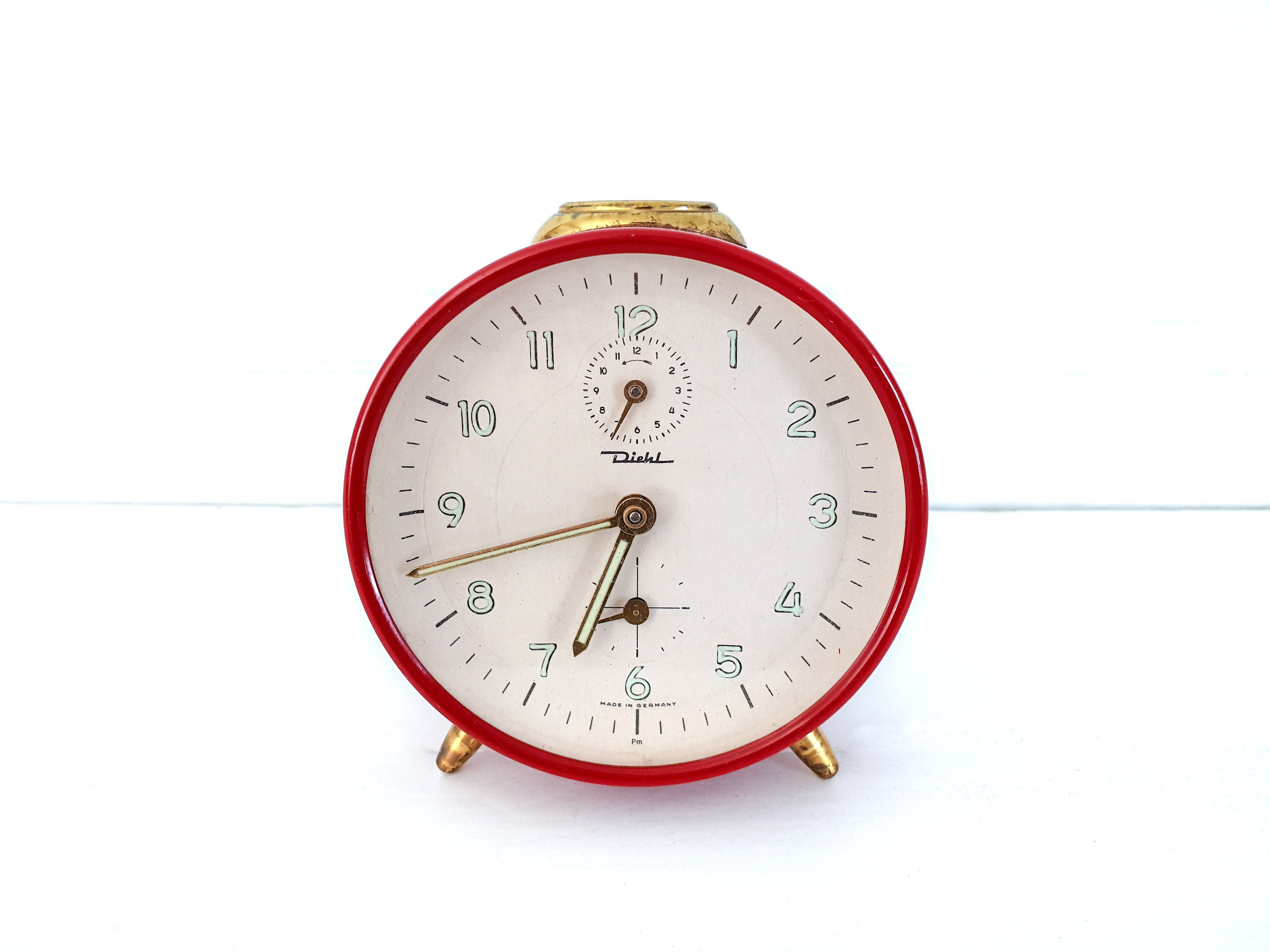 Retro alarm clock red and gold Diehl Germany • vintage collectable