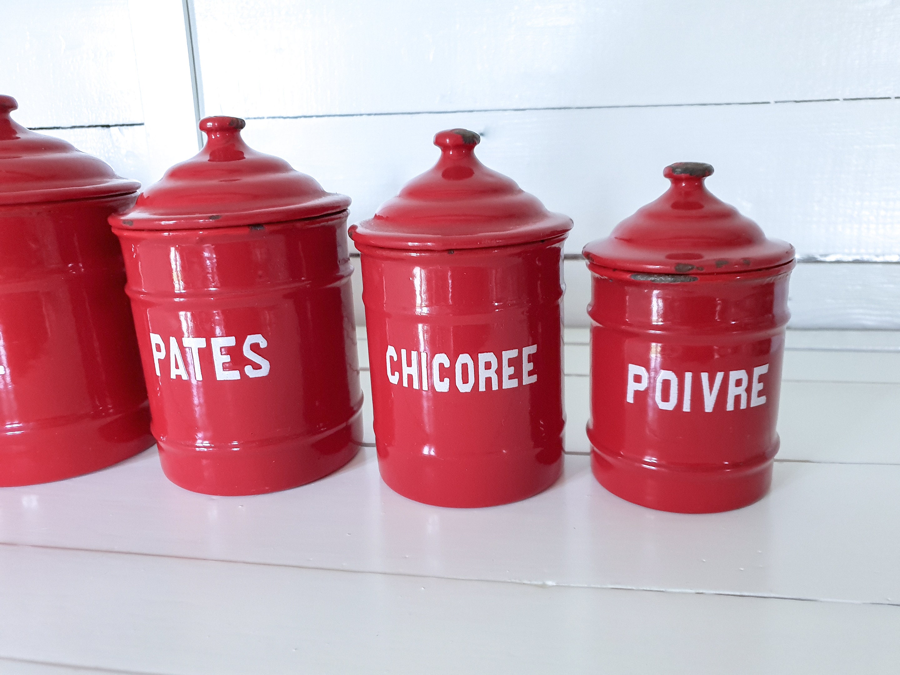 Unique vintage red enamel storage jars with lid ...