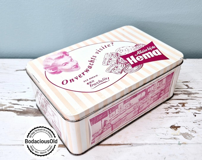 Vintage Dutch HEMA Cookie Tin with Ad Print | Beige & Pink Nostalgic Dutch Kitchen Tin