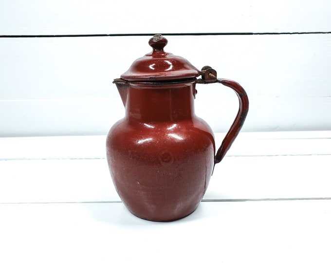 Vintage red enamel milk pitcher burgundy • milk jug • red enamelware • little teapot • vintage decor • French kitchenware • unique enamel #1