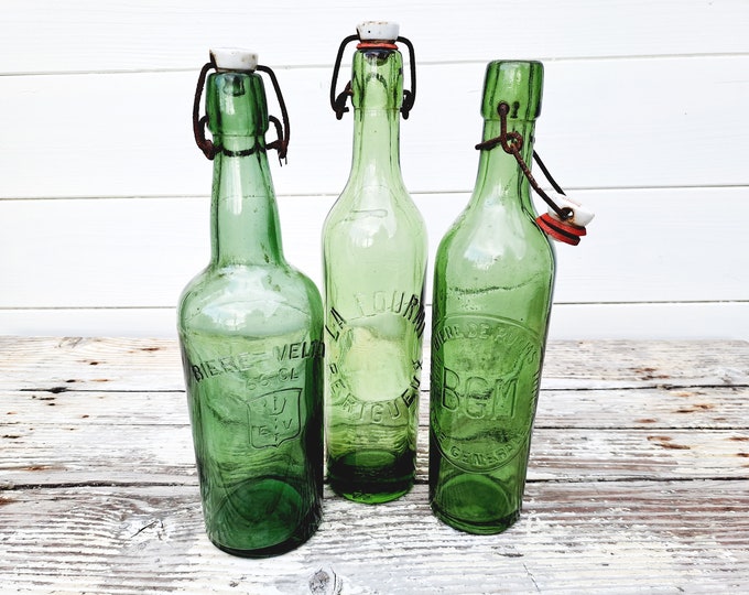 Vintage French green bottles with clip closure (set of 3) • antique French green glassware • farmhouse decorations • glass decoration #3