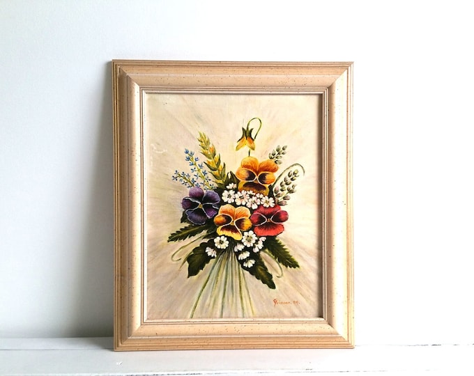 Vintage wood framed oil painting 'Pansy' * Botanical painting * oil painting on canvas * wall art