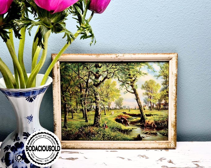 Vintage framed print Pastoral landscape with cows | Nostalgic wall decoration in distressed frame