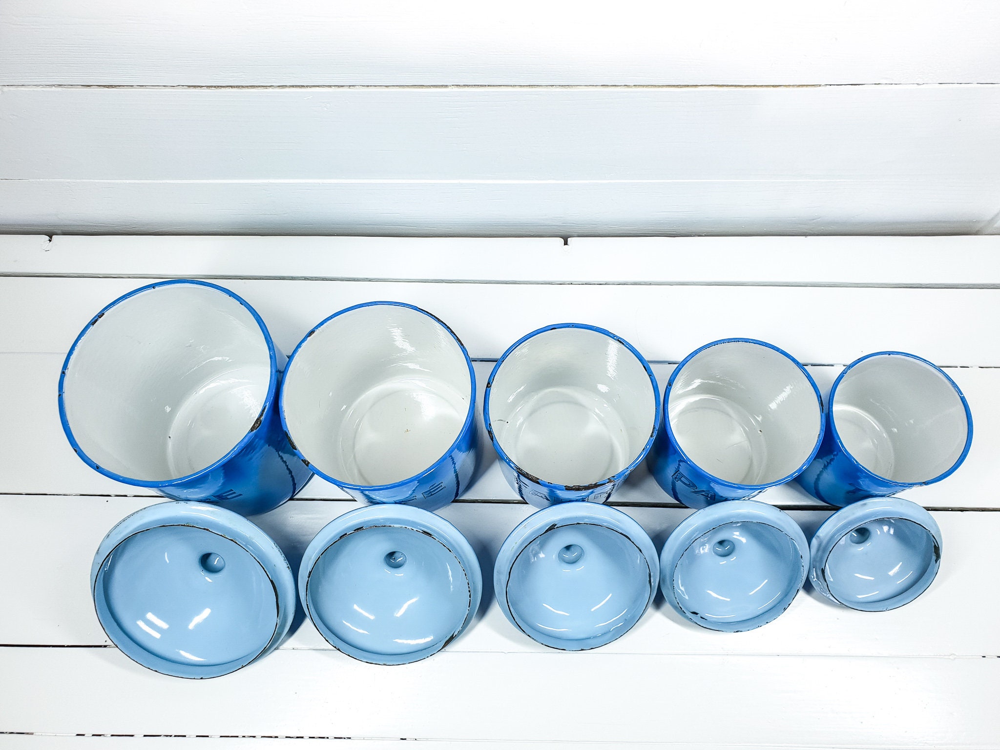 Unique vintage blue enamel storage jars with lid • farmhouse enamel