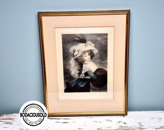 Vintage portrait print framed in gold with mat, elegant 18th-century lady