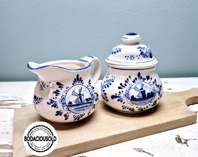 Vintage Delft blue cream and sugar set | hand-painted Dutch windmill ceramic