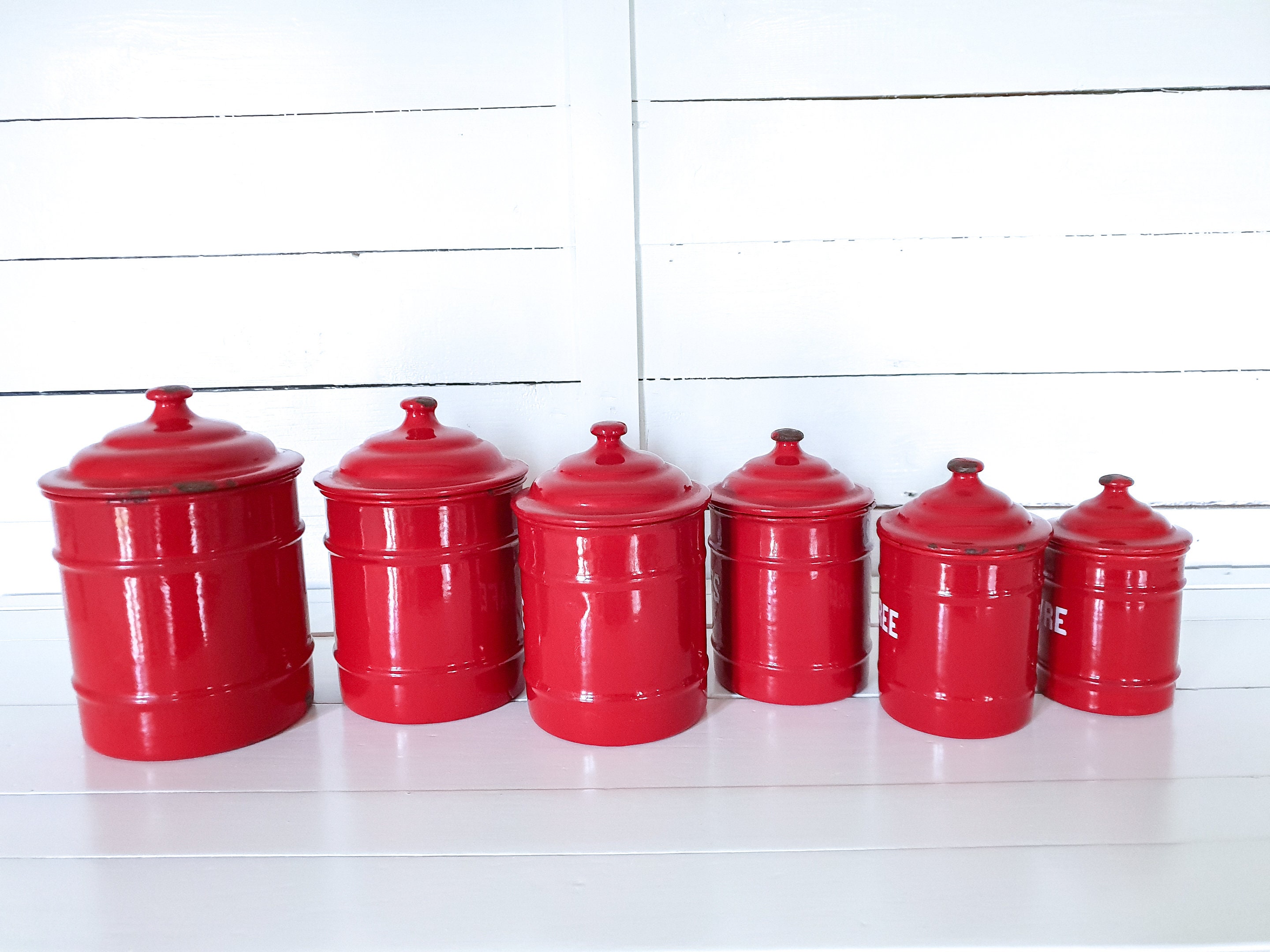 Unique vintage red enamel storage jars with lid • farmhouse enamel storage containers • enamel