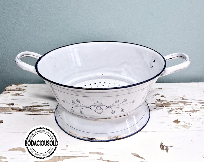 Vintage Saxon Blue Enamel Colander with Handles | French Country Style | Shabby Chic Rustic Kitchen Decor Piece