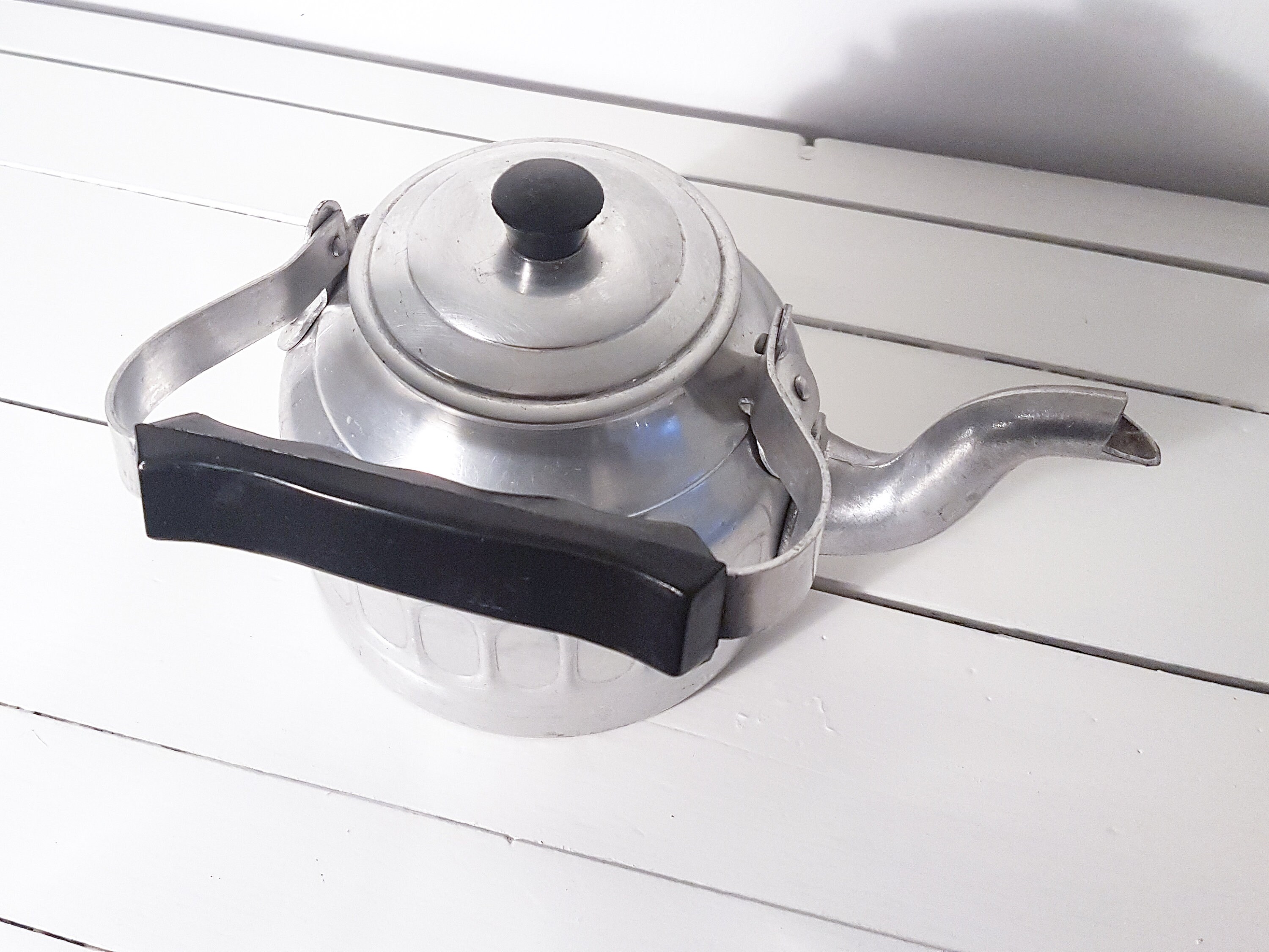 Vintage aluminum teapot with bakelite handle ⢠farmhouse